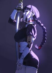 Rule 34 | 1girl, black kimono, bleach, braid, braided ponytail, breasts, cowboy shot, ducpic, highres, holding, holding sword, holding weapon, japanese clothes, kimono, kurotsuchi nemu, large breasts, long hair, looking at viewer, looking to the side, purple hair, sash, sidelocks, solo, sword, weapon