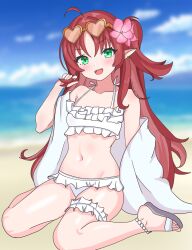 Rule 34 | 1girl, absurdres, arknights, beach, blurry, blurry background, breasts, brown hair, commentary request, earrings, eggplant7217, flower, green eyes, hair flower, hair ornament, highres, jacket, jewelry, looking at viewer, myrtle (arknights), navel, ocean, open mouth, pointy ears, sandals, sitting, small breasts, solo, swimsuit