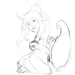 Rule 34 | 10s, 1girl, animal ears, detached sleeves, fang, fate/extra, fate (series), fox ears, fox tail, greyscale, monochrome, pandaga, sketch, solo, tail, tamamo (fate), tamamo no mae (fate/extra), twintails