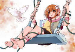 Rule 34 | 1girl, barefoot, blush, feet, flower, hair flower, hair ornament, highres, looking at viewer, medium hair, open mouth, original, plant, qiufengxiaose, restrained, soles, sweatdrop, swing, swinging, toes, vines, dove