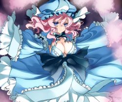 Rule 34 | 1girl, bad id, bad pixiv id, blue eyes, breasts, cleavage, cosmos (the crying moon), female focus, hat, japanese clothes, large breasts, light smile, no bra, outstretched arms, pink hair, saigyouji yuyuko, short hair, solo, spread arms, touhou