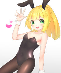 Rule 34 | 1girl, :d, animal ears, bare shoulders, blonde hair, breasts, collarbone, creatures (company), fake animal ears, game freak, green eyes, heart, highres, leotard, lillie (pokemon), long hair, looking at viewer, nintendo, open mouth, pantyhose, playboy bunny, pokemon, pokemon sm, ponytail, rabbit ears, shiny clothes, small breasts, smile, takahara, waving, white background, wrist cuffs