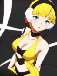 1girl absurdres ai-assisted bare_arms black_choker black_pantyhose blonde_hair blue_eyes blunt_bangs breasts choker cleavage collarbone creatures_(company) dress elesa_(pokemon) game_freak goromochan headphones highres large_breasts low_neckline midriff navel nintendo pantyhose pokemon pokemon_bw short_dress short_hair sleeveless sleeveless_dress solo yellow_dress