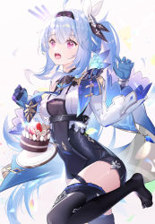Rule 34 | !, !!, 1girl, absurdres, ahoge, black leotard, black thighhighs, blue gloves, blue hair, blue necktie, breasts, cake, chinese commentary, commentary request, eula (genshin impact), food, genshin impact, gloves, hair between eyes, hair ornament, hairband, hands up, highres, leotard, long hair, long sleeves, medium breasts, necktie, no shoes, open mouth, pink eyes, plate, shimutsuki, solo, standing, standing on one leg, thighhighs, thighs, wide sleeves