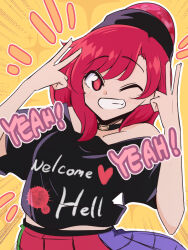 Rule 34 | ;d, black shirt, choker, clothes writing, double v, english text, hecatia lapislazuli, multicolored clothes, multicolored skirt, notice lines, o-ring, o-ring choker, off-shoulder shirt, off shoulder, one eye closed, open mouth, red eyes, red hair, shio (futatsumami), shirt, skirt, smile, sparkle background, t-shirt, touhou, underworld (ornament), v, yellow background