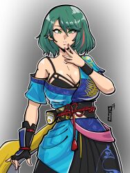 Rule 34 | 1girl, bare shoulders, belt, black bra, black robe, blue robe, bra, breasts, dead or alive, dead or alive 6, fingerless gloves, fingers to chin, gloves, green eyes, green hair, highres, large breasts, paddy g (terrybrogard), robe, short hair, tamaki (doa), traditional clothes, underwear
