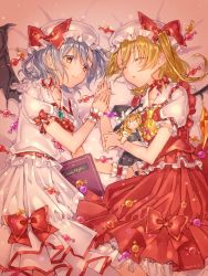 Rule 34 | 2girls, ascot, bat wings, belt, blonde hair, blue hair, book, bow, candy, character doll, closed mouth, dated, closed eyes, flandre scarlet, food, hat, hat bow, highres, holding hands, jiinyo (awamoe1207), kirisame marisa, lying, mob cap, multiple girls, on side, puffy short sleeves, puffy sleeves, red ascot, red bow, red eyes, red skirt, remilia scarlet, short sleeves, siblings, sisters, skirt, skirt set, sleeping, smile, touhou, vest, wings, wrist cuffs, yellow ascot