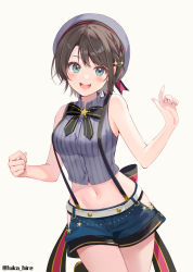 Rule 34 | 1girl, :d, bare arms, bare shoulders, black shorts, blue eyes, blush, breasts, brown hair, fukahire (ruinon), grey hat, grey shirt, hand up, hat, highres, hololive, looking at viewer, medium breasts, midriff, navel, oozora subaru, oozora subaru (work), open mouth, shirt, shorts, simple background, sleeveless, sleeveless shirt, smile, solo, standing, striped clothes, striped shirt, suspender shorts, suspenders, twitter username, vertical-striped clothes, vertical-striped shirt, virtual youtuber