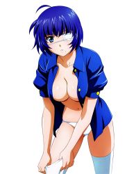 Rule 34 | 00s, 1girl, adjusting clothes, adjusting legwear, blue eyes, blue hair, blue shirt, breasts, cleavage, collarbone, eyepatch, ikkitousen, large breasts, looking at viewer, matching hair/eyes, mole, mole under mouth, open clothes, open shirt, panties, ryomou shimei, shirt, short hair, simple background, solo, thighhighs, underwear, white background, white panties, white thighhighs