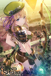 Rule 34 | 1girl, armor, ass, balcony, belt, beret, bikini armor, blonde hair, blurry, blurry background, bow (weapon), bra, bracer, breasts, butt crack, chain, copyright name, crystal, glint, grand sphere, green hat, grey eyes, hat, hat ornament, looking at viewer, medium breasts, medium hair, micro shorts, midriff, mikeyama mike, official art, outdoors, pouch, purple ribbon, ribbon, shorts, shoulder armor, solo, standing, sunlight, underwear, weapon
