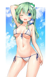Rule 34 | 1girl, anzu ame, arm up, bikini, blue eyes, blush, breasts, cameltoe, covered erect nipples, cowboy shot, frog hair ornament, front-tie top, green hair, hair ornament, hair tubes, tucking hair, hat, kochiya sanae, long hair, looking at viewer, navel, one eye closed, open mouth, shiny skin, side-tie bikini bottom, smile, snake hair ornament, solo, strap gap, swimsuit, touhou