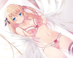 Rule 34 | 1girl, black thighhighs, blonde hair, blue eyes, blush, bow, bow panties, bra, breasts, closed mouth, cropped, curtain grab, curtains, dutch angle, gluteal fold, hair ornament, hair ribbon, hairclip, highres, indoors, long hair, medium breasts, miwabe sakura, navel, non-web source, original, panties, pink bra, pink panties, ribbon, sidelocks, single thighhigh, smile, solo, thighhighs, two side up, underwear, underwear only