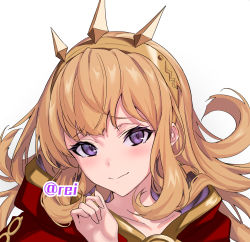 Rule 34 | 1girl, blonde hair, cagliostro (granblue fantasy), cape, closed mouth, granblue fantasy, hairband, hand up, highres, long hair, looking at viewer, purple eyes, red cape, simple background, smile, solo, ulrich (tagaragakuin), white background