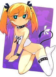 Rule 34 | 1girl, bachera, bare shoulders, blonde hair, blue eyes, blush, bright pupils, collar, collarbone, female focus, looking at viewer, original, panties, ribbon, single thighhigh, solo, tail, tail ornament, tail ribbon, thigh strap, thighhighs, twintails, underwear, white panties, white thighhighs