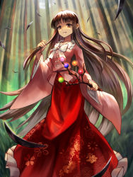 Rule 34 | 1girl, bamboo, bamboo forest, bamboo print, blunt bangs, blush, bow, bowtie, branch, brown eyes, brown hair, commentary request, eyelashes, forest, frilled shirt collar, frilled skirt, frills, highres, hime cut, holding, houraisan kaguya, japanese clothes, jeweled branch of hourai, leaf print, long hair, long sleeves, looking at viewer, moon, nature, night, outdoors, parted lips, pink shirt, red skirt, ribbon, shirt, skirt, smile, solo, standing, teo (telo ruka), touhou, white bow, white bowtie, white ribbon