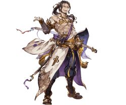 Rule 34 | 10s, 1boy, abs, bare shoulders, beard, belt, boots, brown eyes, brown hair, facial hair, full body, gloves, granblue fantasy, jin (granblue fantasy), katana, long hair, male focus, minaba hideo, official art, open mouth, ponytail, scar, topless male, solo, sword, teeth, transparent background, weapon