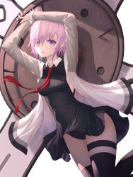 Rule 34 | 1girl, arms up, black dress, black panties, black thighhighs, breasts, crotch seam, dress, fate/grand order, fate (series), grey jacket, highres, holding, holding shield, jacket, kind1516, light purple hair, long sleeves, looking at viewer, mash kyrielight, medium breasts, necktie, open clothes, open jacket, panties, parted lips, purple eyes, red necktie, shield, short hair, sidelocks, sleeveless, sleeveless dress, solo, thigh strap, thighhighs, underwear, wing collar