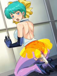 Rule 34 | 1980s (style), 1girl, against wall, arm support, ass, back, backless leotard, bare back, blue eyes, bow, breasts, censored, dildo, earrings, elbow gloves, gloves, green hair, hair bow, high heels, jewelry, kazuki mai, kneeling, leotard, looking back, magical emi, magical girl, mahou no star magical emi, mosaic censoring, oldschool, open mouth, pantyhose, puddle, purple pantyhose, pussy, pussy juice, pussy juice puddle, retro artstyle, saliva, sex toy, shoes, short hair, solo, sweat, tongue, torn clothes, torn pantyhose, vaginal, vibrator