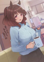 Rule 34 | 1girl, animal ears, blush, breasts, brown hair, commentary request, cup, hair ornament, hairclip, highres, holding, horse ears, horse girl, horse tail, indoors, large breasts, light hello (umamusume), long sleeves, looking at viewer, medium hair, mug, open mouth, red eyes, shirt, smile, solo, steam, tail, translated, umamusume, yokoji (kodai2015)