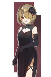 Rule 34 | 1girl, alternate costume, arm at side, bare shoulders, black dress, black flower, black gloves, black ribbon, black rose, blonde hair, breasts, canaca chiyuri, cleavage, cleavage cutout, clothing cutout, commentary request, cowboy shot, diamond (shape), dress, drop earrings, earrings, elbow gloves, flower, formal, gloves, hair flower, hair ornament, hair over one eye, hand up, heaven burns red, highres, hip vent, jewelry, kayamori ruka, looking at viewer, medium breasts, neck ribbon, one eye covered, open mouth, red eyes, ribbon, rose, short hair, simple background, sleeveless, sleeveless dress, smile, solo, tsurime