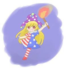 Rule 34 | american flag dress, american flag legwear, asymmetry, blonde hair, clownpiece, dress, full body, hat, holding, kigoto5, long hair, one-hour drawing challenge, outstretched arm, pantyhose, purple background, red eyes, short sleeves, star (symbol), star print, striped clothes, striped dress, touhou