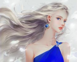 Rule 34 | 1girl, arms at sides, asymmetrical clothes, bad id, bad twitter id, bare arms, bare shoulders, blue dress, blue eyes, brooch, collarbone, dadachyo, dress, earrings, eyeshadow, floating hair, gem, grey background, head tilt, jewelry, light particles, lipgloss, lips, long hair, looking at viewer, makeup, original, pale skin, parted lips, silver hair, single strap, sleeveless, sleeveless dress, solo, wind