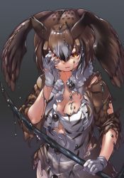 Rule 34 | 1girl, black background, black hair, breasts, brown hair, eurasian eagle owl (kemono friends), gloves, gradient hair, hair between eyes, hand on own face, head wings, highres, kemono friends, large breasts, multicolored hair, orange eyes, parted lips, short hair, simple background, slime (substance), smile, smirk, solo, tadano magu, torn clothes, torn coat, torn gloves, white gloves, wings