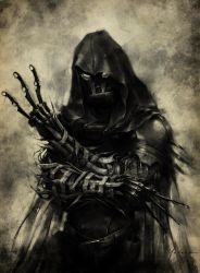 Rule 34 | 1boy, absurdres, armor, between fingers, brian moncus, cloak, crossed arms, destiny (game), greyscale, helmet, highres, holding, holding knife, hood, hooded cloak, hunter (destiny), knife, knives between fingers, monochrome, signature, solo