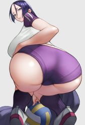 Rule 34 | 1girl, absurdres, ass, ass focus, ball, bent over, breasts, buruma, closed mouth, fate/grand order, fate (series), grey background, gym uniform, highres, kneehighs, large breasts, long hair, looking at viewer, low-tied long hair, minamoto no raikou (fate), pantylines, parted bangs, purple buruma, purple eyes, purple hair, shirt, short sleeves, simple background, socks, thighs, very long hair, volleyball (object), white shirt, yoshio (55level)