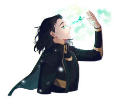Rule 34 | 1boy, animification, aqua eyes, arm up, black hair, black jacket, black shirt, cape, closed mouth, commentary, english commentary, fingernails, gold trim, green cape, jacket, loki (marvel), long sleeves, looking to the side, male focus, marvel, marvel cinematic universe, murdermuffinloki, open clothes, open jacket, shirt, short hair, simple background, solo, standing, white background