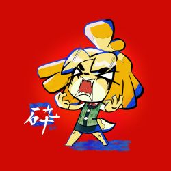 Rule 34 | 10s, 1girl, absurdres, aggressive retsuko, animal crossing, animal ears, bad id, bad twitter id, blonde hair, dog, dog ears, dog girl, dog tail, furry, furry female, highres, isabelle (animal crossing), makeup, nem graphics, nintendo, open mouth, short hair, simple background, skirt, smile, solo, super smash bros., tail, topknot
