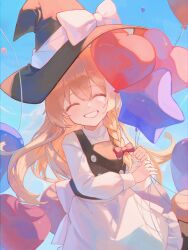 Rule 34 | 1girl, absurdres, balloon, black hat, black vest, blonde hair, bow, braid, cindy717, closed eyes, facing viewer, grin, hat, hat bow, highres, holding, holding balloon, kirisame marisa, long hair, long sleeves, shirt, single braid, smile, solo, touhou, vest, white bow, white shirt, witch hat