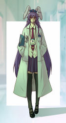 Rule 34 | 1girl, absurdres, bags under eyes, black thighhighs, blue skirt, braid, buttons, cigarette, closed mouth, collared shirt, commentary, dated, english commentary, expressionless, eyewear in pocket, full body, hands in pockets, hat, highres, id card, lab coat, long hair, long sleeves, looking at viewer, mouth hold, necktie, notepad, nurse cap, pen in pocket, pleated skirt, pocket, purple hair, red eyes, red necktie, reisen udongein inaba, ringed eyes, royl, shadow, shirt, single braid, skirt, solo, standing, thighhighs, touhou, very long hair, white shirt, wing collar