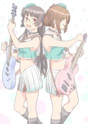 Rule 34 | 10s, 2girls, :d, back-to-back, bare arms, bare legs, bass guitar, beret, black hair, black socks, breasts, brown hair, choker, choukai (kancolle), closed eyes, cross hair ornament, dress, electric guitar, female focus, from side, glasses, guitar, hair ornament, hairclip, happy, hat, highres, hime cut, instrument, kantai collection, kneehighs, large breasts, legs, long hair, looking at viewer, maya (kancolle), midriff, multiple girls, navel, open mouth, pleated skirt, red eyes, remodel (kantai collection), rimless eyewear, sailor dress, school uniform, serafuku, short hair, skirt, sleeveless, smile, socks, standing, taruya, white skirt