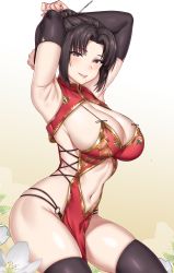 Rule 34 | 1girl, absurdres, armpits, black hair, black thighhighs, blush, borrowed character, breasts, brown eyes, china dress, chinese clothes, cleavage, clothing cutout, dress, elbow gloves, flower, gloves, gradient background, highres, large breasts, lips, looking at viewer, mole, mole under mouth, navel cutout, original, revealing clothes, sideboob, skindentation, smile, solo, thighhighs, yakimi 27