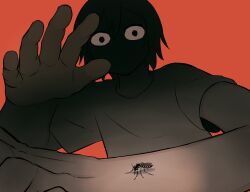 Rule 34 | 1boy, absurdres, animal on arm, arm up, avogado6, black eyes, bug, commentary, empty eyes, eyes in shadow, foreshortening, hand up, highres, insect, looking at animal, male focus, mosquito, no mouth, open hand, orange background, original, shadow, shirt, short hair, short sleeves, simple background, solo, t-shirt, upper body, wide-eyed