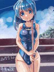 Rule 34 | 10s, 1girl, 2017, blue eyes, blue hair, blue one-piece swimsuit, cloud, competition swimsuit, cowboy shot, dated, day, double bun, gluteal fold, hat, kantai collection, looking at viewer, miuku (marine sapphire), mop, one-piece swimsuit, sailor hat, signature, solo, standing, swimsuit, urakaze (kancolle)