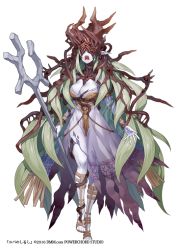 Rule 34 | 1girl, :o, breasts, company name, dress, extra eyes, full body, green hair, holding, holding staff, large breasts, long hair, looking at viewer, monster girl, official art, pale skin, pointy ears, red eyes, solo, staff, standing, standing on one leg, tattoo, very long hair, white background, yuba no shirushi, yuzu shio