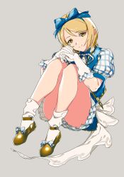 Rule 34 | 1girl, bare legs, blonde hair, blue bow, blue dress, blue vest, bow, brown footwear, closed mouth, djeeta (granblue fantasy), dress, full body, gloves, granblue fantasy, grey background, hair bow, head tilt, knees up, looking at viewer, neck ribbon, plaid, plaid dress, plaid ribbon, pleated dress, ribbon, shoes, short hair, simple background, sitting, smile, solo, thighs, vest, wadati, white gloves, yellow eyes