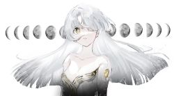 Rule 34 | 1girl, breasts, cleavage, collarbone, commentary request, crescent moon, dress, gawako, grey dress, hair over one eye, highres, long hair, looking at viewer, moon, moon phases, off-shoulder dress, off shoulder, one eye covered, original, parted lips, simple background, solo, upper body, white background, white hair, yellow eyes