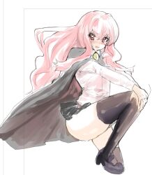 Rule 34 | 1girl, black cape, black skirt, black thighhighs, blush, cape, collared shirt, embarrassed, long hair, looking at viewer, louise francoise le blanc de la valliere, miniskirt, open mouth, pink hair, shirt, sketch, skindentation, skirt, solo, squatting, taiban steak, thick thighs, thighhighs, thighs, v-shaped eyebrows, white shirt, zero no tsukaima