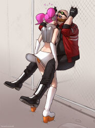 Rule 34 | 1boy, 1girl, against wall, arm hair, arms up, artist name, ass, bald, bare shoulders, black-framed eyewear, black footwear, black gloves, black pants, black shirt, blue-tinted eyewear, blush, boots, breasts, chain-link fence, crop top, crossover, day, dr. eggman, elbow gloves, eyewear on head, facial hair, femdom, fence, fingerless gloves, full body, gloves, goggles, green-tinted eyewear, headphones, heart, hetero, high heels, jacket, jetpack, kiss, knee boots, kneepits, legs up, long sleeves, midriff, mustache, open clothes, open jacket, orange panties, outdoors, panties, pants, pantyshot, pink hair, platform footwear, red jacket, round eyewear, sega, shirt, short hair, sleeveless, sleeveless shirt, small breasts, sonic (series), space channel 5, standing, sunglasses, tinted eyewear, totesfleisch8, twintails, ulala, underwear, upskirt, watermark, white footwear, white gloves, white shirt, zipper