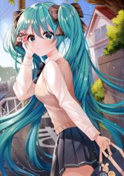 Rule 34 | 1girl, absurdres, aqua eyes, aqua hair, bad id, bad pixiv id, bag, bow, bowtie, cowboy shot, day, from side, hair bow, hatsune miku, highres, house, huge filesize, long hair, looking at viewer, looking back, myowa, outdoors, pleated skirt, school uniform, skirt, sky, solo, twintails, very long hair, vocaloid