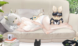 Rule 34 | 1girl, animal ear fluff, animal ears, arknights, bare shoulders, barefoot, black cat, book, breasts, camisole, cat, cat ears, cleavage, coffee mug, collarbone, couch, cup, green eyes, kal&#039;tsit (arknights), large breasts, legs, looking at viewer, lying, mug, omone hokoma agm, on side, pillow, short hair, solo, stuffed toy, white camisole, white hair