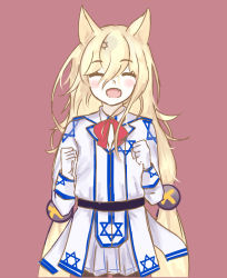 Rule 34 | 1girl, animal ears, artist request, blouse, cosplay, dog ears, closed eyes, fang, fang out, g41 (girls&#039; frontline), girls&#039; frontline, gloves, happy, hexagram, highres, negev (girls&#039; frontline), open mouth, shirt, star of david, twintails