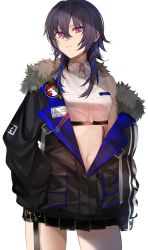 Rule 34 | 1girl, arm at side, black coat, black hair, blue hair, breasts, buttons, closed mouth, coat, collared shirt, commentary request, cowboy shot, crop top, ear piercing, fur-trimmed coat, fur trim, hand on own hip, highres, hisui ill, ichinose uruha, long sleeves, looking at viewer, lupinus virtual games, medium breasts, multicolored hair, navel, off shoulder, piercing, pink eyes, pocket, shirt, simple background, sleeveless, sleeveless shirt, sleeves past wrists, solo, streaked hair, virtual youtuber, vspo!, white background, white shirt