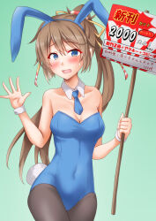 Rule 34 | 1girl, alternate costume, animal ears, anti (untea9), black pantyhose, blue eyes, blue leotard, blue necktie, breasts, brown hair, cleavage, commentary request, detached collar, green background, highres, kantai collection, kazagumo (kancolle), leotard, long hair, medium breasts, necktie, pantyhose, playboy bunny, ponytail, rabbit ears, rabbit tail, sign, solo, strapless, strapless leotard, tail, translation request, waving, wrist cuffs