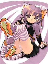 Rule 34 | 1girl, animal ears, animal print, blade (galaxist), cat ears, cat tail, gloves, panties, purple hair, purple theme, shoe soles, shoes, short hair, sneakers, solo, striped clothes, striped panties, tail, tiger print, toranoana, underwear