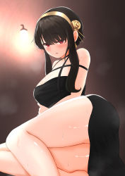 Rule 34 | 1girl, absurdres, arm under breasts, ass, backlighting, black dress, black hair, blush, blush visible through hair, breasts, cleavage, curvy, dress, earrings, feet out of frame, flower, gold earrings, gold hairband, hair flower, hair ornament, hairband, highres, jewelry, large breasts, looking at viewer, lying, on side, open mouth, red eyes, rose, solo, spikes, spy x family, suica koubou, sweat, thick thighs, thighs, twisted torso, wide hips, yor briar