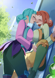 Rule 34 | 2girls, after kiss, against wall, ally (puyopuyo), blue hair, blush, brown hair, building, drooling, french kiss, highres, kiss, leaf, leg lift, long sleeves, monobe yuri, multiple girls, open mouth, outdoors, public indecency, pussy juice, pussy juice drip through clothes, puyo (puyopuyo), puyopuyo, rafisol (puyopuyo), red eyes, saliva, saliva trail, short hair, standing, tree, yuri